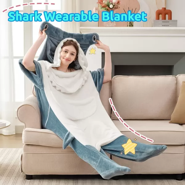 Touchat Shark Blanket for Adult Super Soft Cozy Flannel Throw Wearable Blanket Cartoon Animals Shark Blanket Hoodie Sleeping Bag Cosplay Shark Costume Blanket Gifts for Shark Lovers BlueMHblue