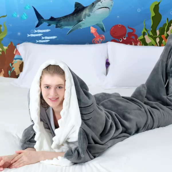 Touchat Shark Blanket for Adult Super Soft Cozy Flannel Throw Wearable Blanket Cartoon Animals Shark Blanket Hoodie Sleeping Bag Cosplay Shark Costume Blanket Gifts for Shark Lovers BlueMGrey