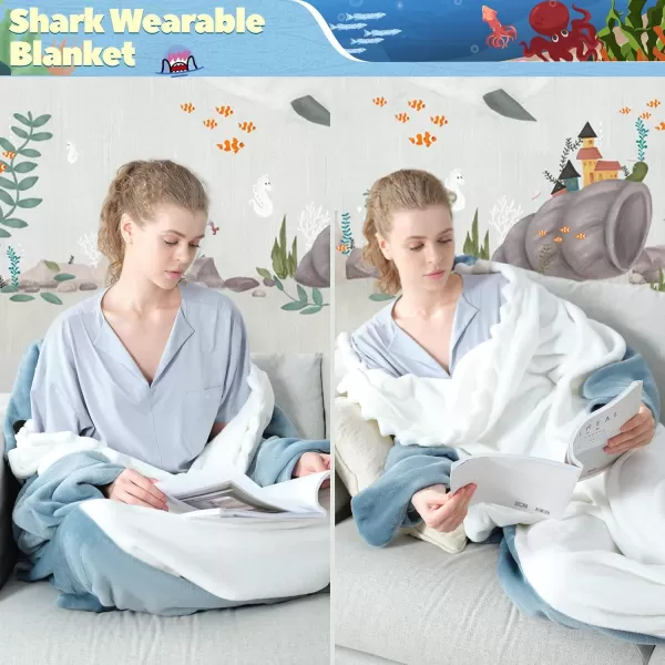 Touchat Shark Blanket for Adult Super Soft Cozy Flannel Throw Wearable Blanket Cartoon Animals Shark Blanket Hoodie Sleeping Bag Cosplay Shark Costume Blanket Gifts for Shark Lovers BlueMBlue
