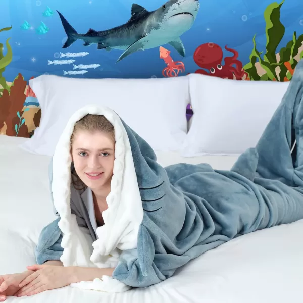 Touchat Shark Blanket for Adult Super Soft Cozy Flannel Throw Wearable Blanket Cartoon Animals Shark Blanket Hoodie Sleeping Bag Cosplay Shark Costume Blanket Gifts for Shark Lovers BlueMBlue