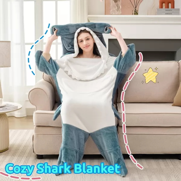 Touchat Shark Blanket for Adult Super Soft Cozy Flannel Throw Wearable Blanket Cartoon Animals Shark Blanket Hoodie Sleeping Bag Cosplay Shark Costume Blanket Gifts for Shark Lovers BlueMHblue