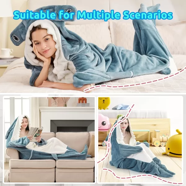 Touchat Shark Blanket for Adult Super Soft Cozy Flannel Throw Wearable Blanket Cartoon Animals Shark Blanket Hoodie Sleeping Bag Cosplay Shark Costume Blanket Gifts for Shark Lovers BlueMHblue