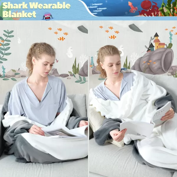 Touchat Shark Blanket for Adult Super Soft Cozy Flannel Throw Wearable Blanket Cartoon Animals Shark Blanket Hoodie Sleeping Bag Cosplay Shark Costume Blanket Gifts for Shark Lovers BlueMGrey