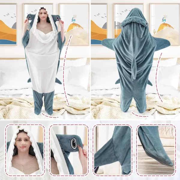 Touchat Shark Blanket for Adult Super Soft Cozy Flannel Throw Wearable Blanket Cartoon Animals Shark Blanket Hoodie Sleeping Bag Cosplay Shark Costume Blanket Gifts for Shark Lovers BlueMHblue