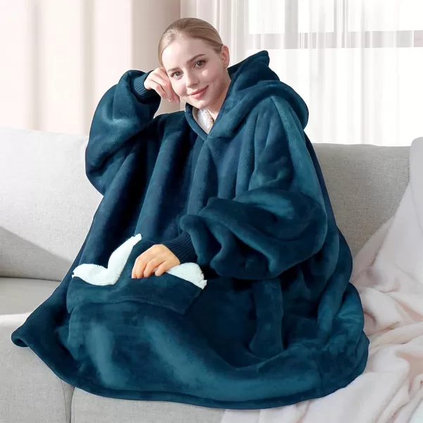 Touchat Wearable Blanket Hoodie Oversized Sherpa Blanket Sweatshirt with Hood Pocket and Sleeves Gifts Hooded Blanket for Adult Women Men BlackDusty Blue
