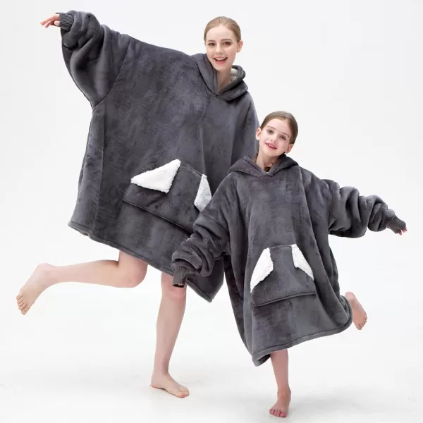 Touchat Wearable Blanket Hoodie Oversized Sherpa Blanket Sweatshirt with Hood Pocket and Sleeves Gifts Hooded Blanket for Adult Women Men BlackGrey