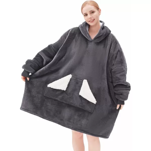 Touchat Wearable Blanket Hoodie Oversized Sherpa Blanket Sweatshirt with Hood Pocket and Sleeves Gifts Hooded Blanket for Adult Women Men BlackGrey