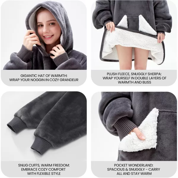 Touchat Wearable Blanket Hoodie Oversized Sherpa Blanket Sweatshirt with Hood Pocket and Sleeves Gifts Hooded Blanket for Adult Women Men BlackGrey