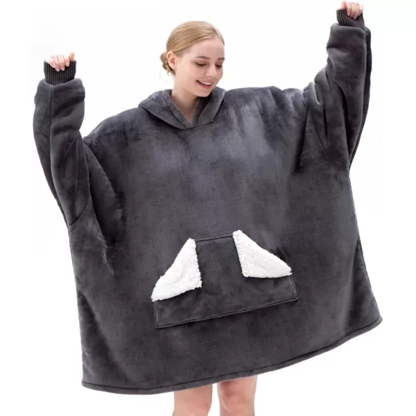 Touchat Wearable Blanket Hoodie Oversized Sherpa Blanket Sweatshirt with Hood Pocket and Sleeves Gifts Hooded Blanket for Adult Women Men BlackGrey