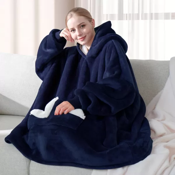 Touchat Wearable Blanket Hoodie Oversized Sherpa Blanket Sweatshirt with Hood Pocket and Sleeves Gifts Hooded Blanket for Adult Women Men BlackNavy Blue