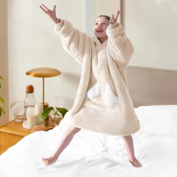 Touchat Wearable Blanket Hoodie Oversized Sherpa Blanket Sweatshirt with Hood Pocket and Sleeves Super Soft Warm Plush Hooded Blanket for Kids One Size Fits All Light GreenBeige
