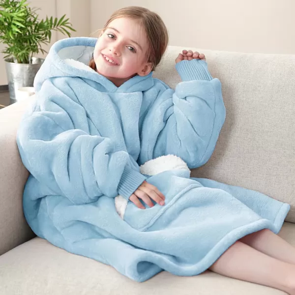 Touchat Wearable Blanket Hoodie Oversized Sherpa Blanket Sweatshirt with Hood Pocket and Sleeves Super Soft Warm Plush Hooded Blanket for Kids One Size Fits All Light GreenAiry Blue