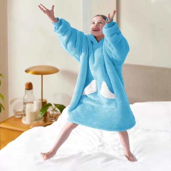Touchat Wearable Blanket Hoodie Oversized Sherpa Blanket Sweatshirt with Hood Pocket and Sleeves Super Soft Warm Plush Hooded Blanket for Kids One Size Fits All Light GreenBlue