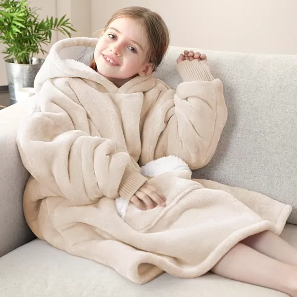 Touchat Wearable Blanket Hoodie Oversized Sherpa Blanket Sweatshirt with Hood Pocket and Sleeves Super Soft Warm Plush Hooded Blanket for Kids One Size Fits All Light GreenBeige