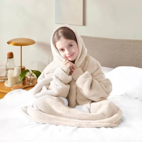 Touchat Wearable Blanket Hoodie Oversized Sherpa Blanket Sweatshirt with Hood Pocket and Sleeves Super Soft Warm Plush Hooded Blanket for Kids One Size Fits All Light GreenBeige