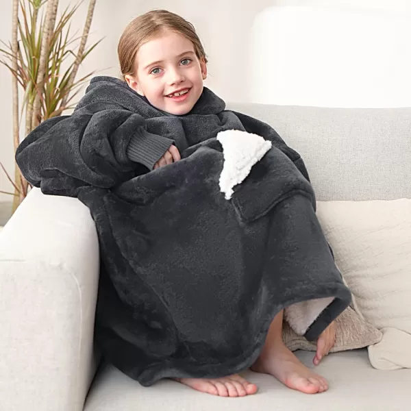Touchat Wearable Blanket Hoodie Oversized Sherpa Blanket Sweatshirt with Hood Pocket and Sleeves Super Soft Warm Plush Hooded Blanket for Kids One Size Fits All Light GreenGrey