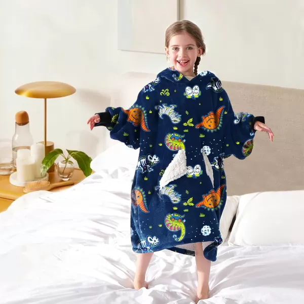 Touchat Wearable Blanket Hoodie Oversized Sherpa Blanket Sweatshirt with Hood Pocket and Sleeves Super Soft Warm Plush Hooded Blanket for Kids One Size Fits All Light GreenDinosaur