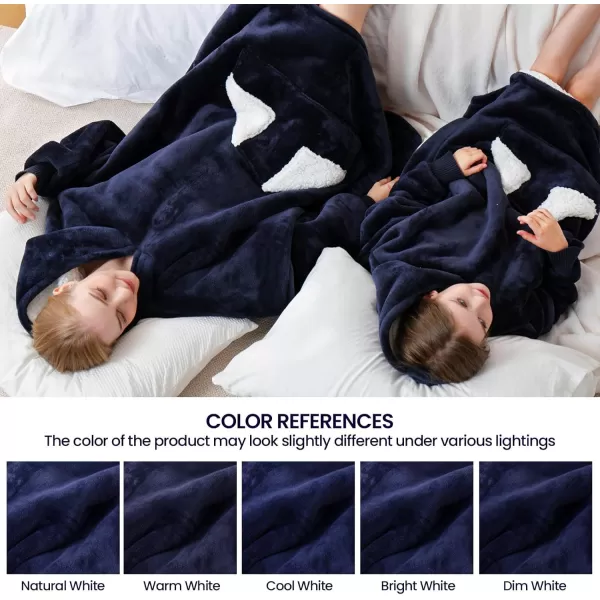 Touchat Wearable Blanket Hoodie Oversized Sherpa Blanket Sweatshirt with Hood Pocket and Sleeves Super Soft Warm Plush Hooded Blanket for Kids One Size Fits All Light GreenNavyblue02