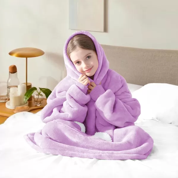Touchat Wearable Blanket Hoodie Oversized Sherpa Blanket Sweatshirt with Hood Pocket and Sleeves Super Soft Warm Plush Hooded Blanket for Kids One Size Fits All Light GreenPurple