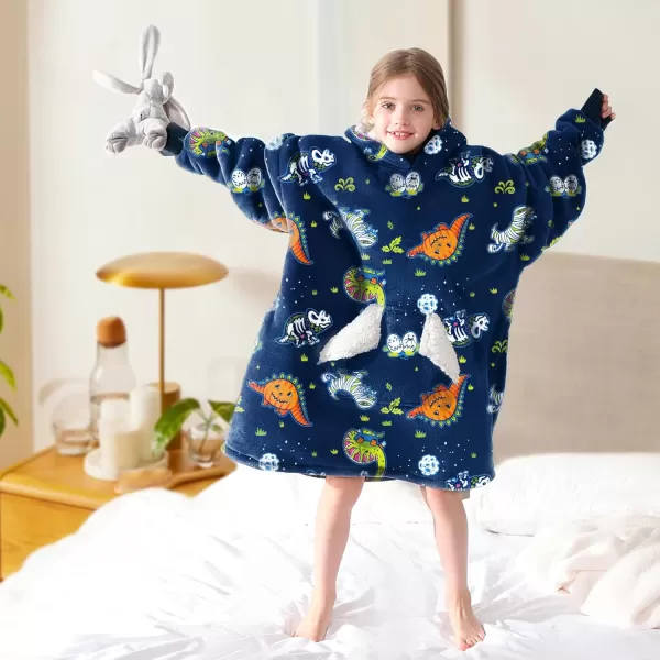 Touchat Wearable Blanket Hoodie Oversized Sherpa Blanket Sweatshirt with Hood Pocket and Sleeves Super Soft Warm Plush Hooded Blanket for Kids One Size Fits All Light GreenDinosaur