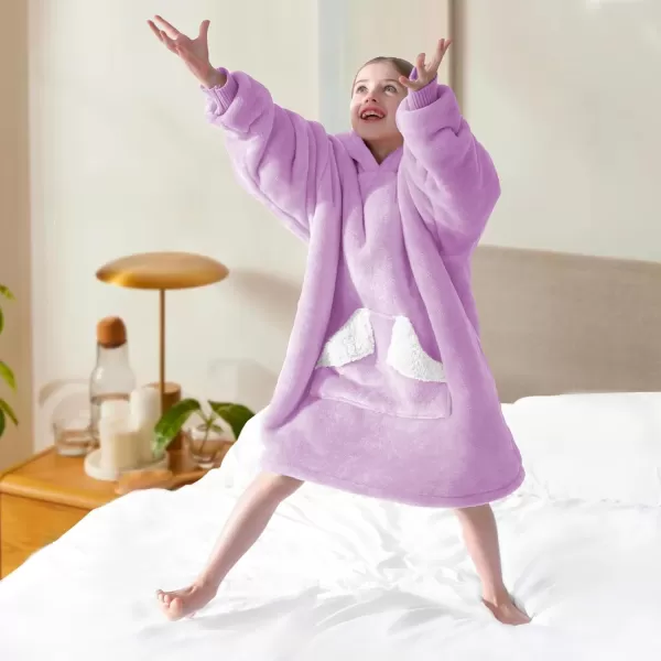 Touchat Wearable Blanket Hoodie Oversized Sherpa Blanket Sweatshirt with Hood Pocket and Sleeves Super Soft Warm Plush Hooded Blanket for Kids One Size Fits All Light GreenPurple