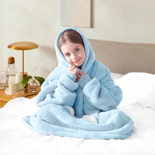 Touchat Wearable Blanket Hoodie Oversized Sherpa Blanket Sweatshirt with Hood Pocket and Sleeves Super Soft Warm Plush Hooded Blanket for Kids One Size Fits All Light GreenAiry Blue