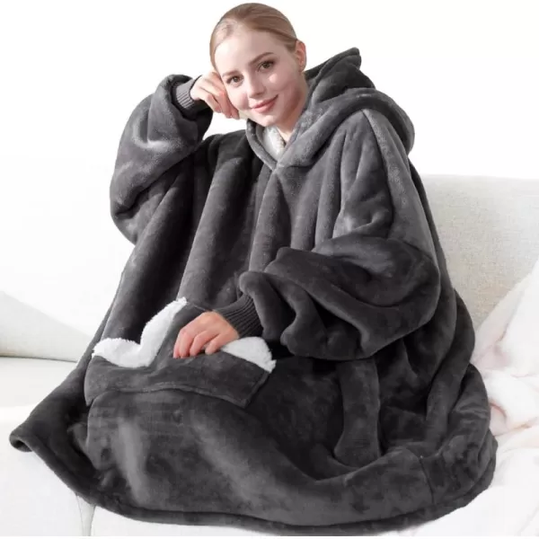 Touchat Wearable Blanket Hoodie Oversized Sherpa Blanket Sweatshirt with Hood Pocket and Sleeves Gifts Hooded Blanket for Adult Women Men BlackGrey