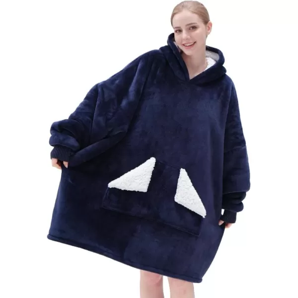 Touchat Wearable Blanket Hoodie Oversized Sherpa Blanket Sweatshirt with Hood Pocket and Sleeves Gifts Hooded Blanket for Adult Women Men BlackNavy Blue