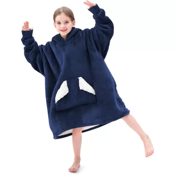 Touchat Wearable Blanket Hoodie Oversized Sherpa Blanket Sweatshirt with Hood Pocket and Sleeves Super Soft Warm Plush Hooded Blanket for Kids One Size Fits All Light GreenNavyblue02