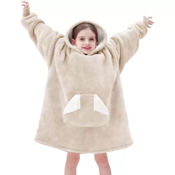 Touchat Wearable Blanket Hoodie Oversized Sherpa Blanket Sweatshirt with Hood Pocket and Sleeves Super Soft Warm Plush Hooded Blanket for Kids One Size Fits All Light GreenBeige