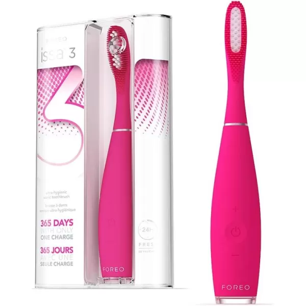 FOREO ISSA Black Rechargeable Electric UltraHygienic Sonic Toothbrush with Silicone ampamp PBT Polymer BristlesFuchsia