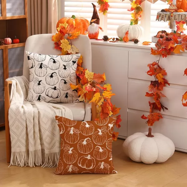 DFXSZ Fall Pillow Covers 18x18 inch Set of 2 Fall Decoration White Lines Pumpkin Decor Orange Autumn Pillow Cover Thanksgiving Decoration for Home Couch 125BWhite Pumpkins