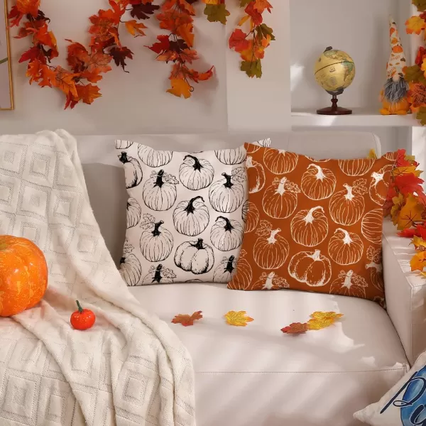 DFXSZ Fall Pillow Covers 18x18 inch Set of 2 Fall Decoration White Lines Pumpkin Decor Orange Autumn Pillow Cover Thanksgiving Decoration for Home Couch 125BWhite Pumpkins