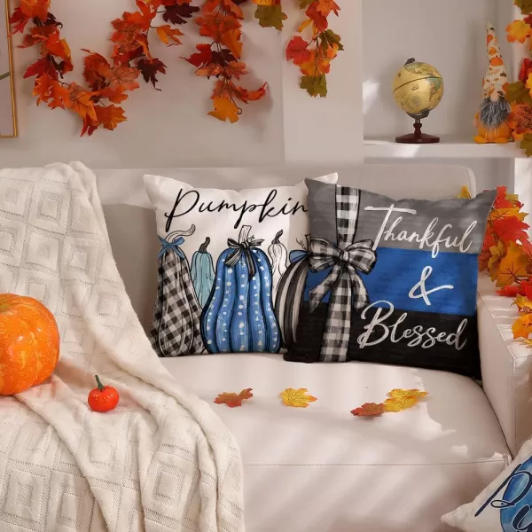 DFXSZ Fall Pillow Covers 18x18 inch Set of 4 Fall Decorational Pumpkin Maple Leaves Black Orange Stripe Decor Autumn Outdoor Pillow Cover Thanksgiving Decoration for Home Couch 205D18Black Blue