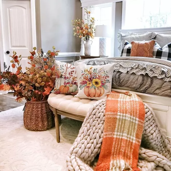 DFXSZ Fall Pillow Covers 18x18 inch Set of 4 Fall Decorational Pumpkin Maple Leaves Black Orange Stripe Decor Autumn Outdoor Pillow Cover Thanksgiving Decoration for Home Couch 205D18White