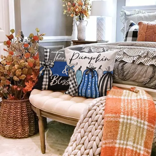 DFXSZ Fall Pillow Covers 18x18 inch Set of 4 Fall Decorational Pumpkin Maple Leaves Black Orange Stripe Decor Autumn Outdoor Pillow Cover Thanksgiving Decoration for Home Couch 205D18Black Blue