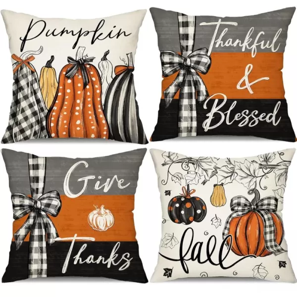 DFXSZ Fall Pillow Covers 18x18 inch Set of 4 Fall Decorational Pumpkin Maple Leaves Black Orange Stripe Decor Autumn Outdoor Pillow Cover Thanksgiving Decoration for Home Couch 205D18Black