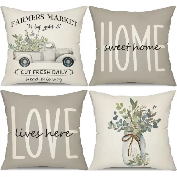 DFXSZ Farmhouse Pillow Covers 18x18 Set of 4Eucalyptus Leaves Decorations Truck Vase Home Sweet Home Linen Cushion Case Gifts for Home DecorA