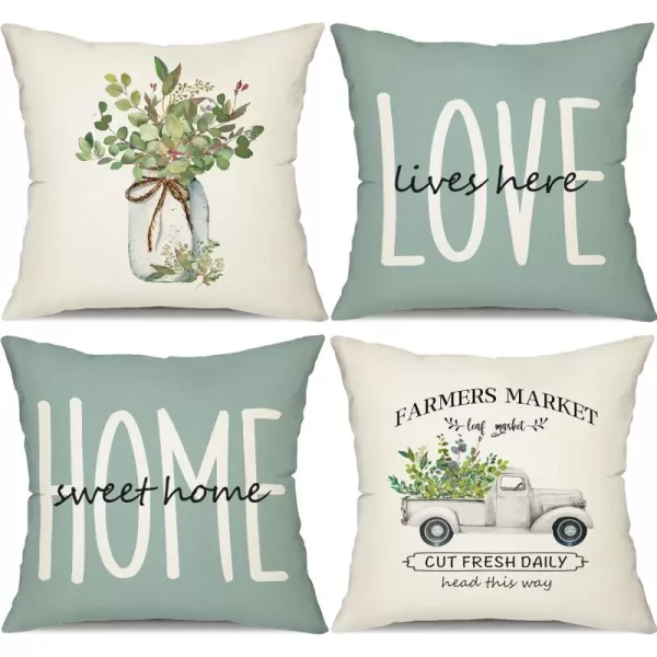 DFXSZ Farmhouse Pillow Covers 18x18 Set of 4Eucalyptus Leaves Decorations Truck Vase Home Sweet Home Linen Cushion Case Gifts for Home DecorD