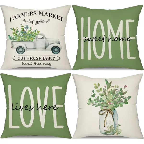 DFXSZ Farmhouse Pillow Covers 18x18 Set of 4Eucalyptus Leaves Decorations Truck Vase Home Sweet Home Linen Cushion Case Gifts for Home DecorE