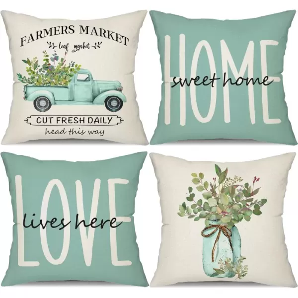 DFXSZ Farmhouse Pillow Covers 18x18 Set of 4Eucalyptus Leaves Decorations Truck Vase Home Sweet Home Linen Cushion Case Gifts for Home DecorG