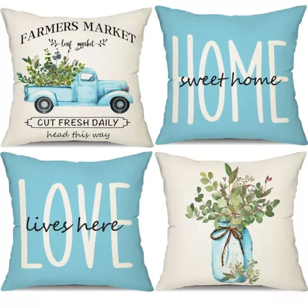 DFXSZ Farmhouse Pillow Covers 18x18 Set of 4Eucalyptus Leaves Decorations Truck Vase Home Sweet Home Linen Cushion Case Gifts for Home DecorH