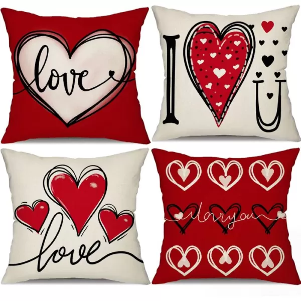 DFXSZ Valentines Day Pillow Covers 18x18 Inch Set of 4 Red Love Heart Valentines Day Throw Pillows Valentines Day Decorations for Sofa Couch