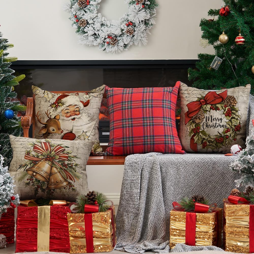 DFXSZ Christmas Pillow Covers 18x18 inch Set of 4 Santa Claus Reindeer Decorative Vintage Throw Pillow Covers Winter Retro Farmhouse Decoration for Home Couch BTHZ140B18Multicolor