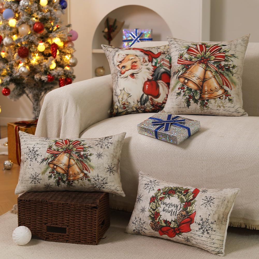 DFXSZ Christmas Pillow Covers 18x18 inch Set of 4 Santa Claus Reindeer Decorative Vintage Throw Pillow Covers Winter Retro Farmhouse Decoration for Home Couch BTHZ140B18Multicolor
