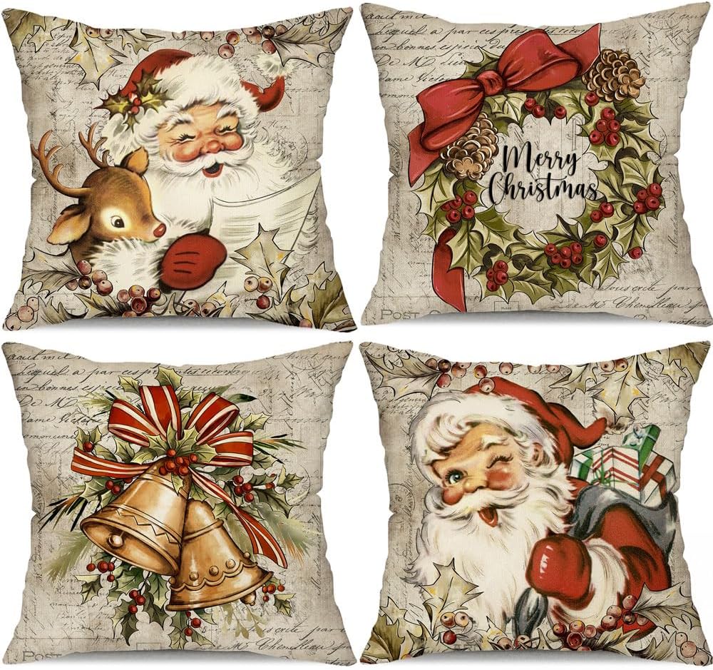 DFXSZ Christmas Pillow Covers 18x18 inch Set of 4 Santa Claus Reindeer Decorative Vintage Throw Pillow Covers Winter Retro Farmhouse Decoration for Home Couch BTHZ140B18Multicolor