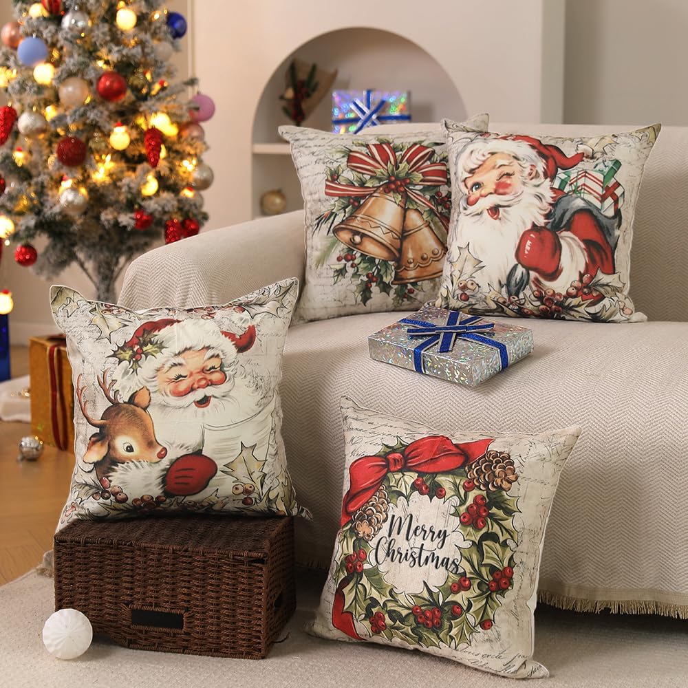 DFXSZ Christmas Pillow Covers 18x18 inch Set of 4 Santa Claus Reindeer Decorative Vintage Throw Pillow Covers Winter Retro Farmhouse Decoration for Home Couch BTHZ140B18Multicolor