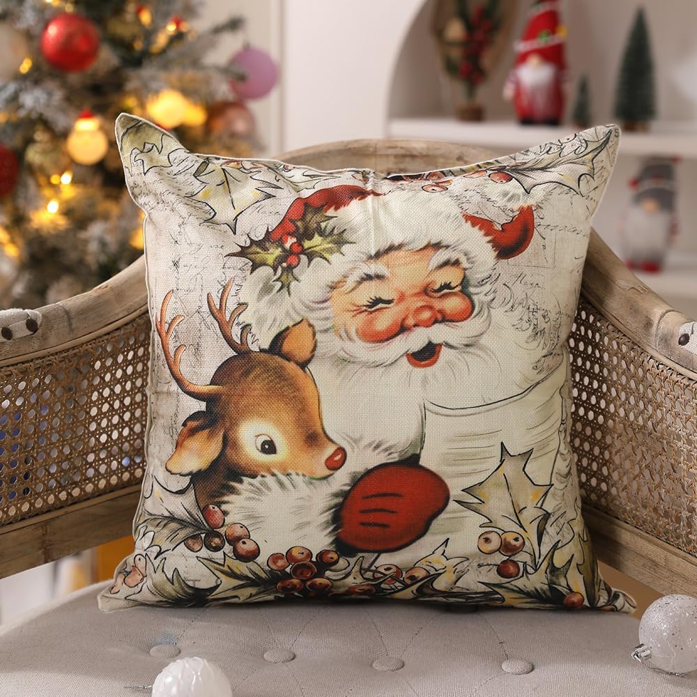 DFXSZ Christmas Pillow Covers 18x18 inch Set of 4 Santa Claus Reindeer Decorative Vintage Throw Pillow Covers Winter Retro Farmhouse Decoration for Home Couch BTHZ140B18Multicolor
