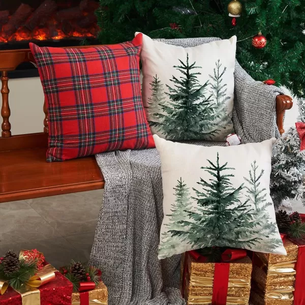 DFXSZ Christmas Pillow Covers 18x18 inch Set of 2 Watercolor Blue Green Christmas Tree Rustic Style Nature Forest Print Decorative Throw Pillows Winter Christmas Decor TH32B18White3