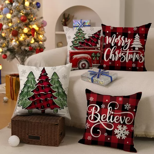 DFXSZ Christmas Pillow Covers 18x18 inch Set of 4 Christmas Tree Truck Black and red Plaid Decorative Throw Pillow Covers Winter Farmhouse Decoration for Home Couch BTHZ144A18Red Black